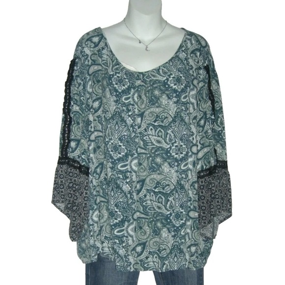 Cato Blouse Plus Sz Bohemian Boho Peasant Whimsy Coquette Crochet Bell Gauze 4X - Picture 1 of 14